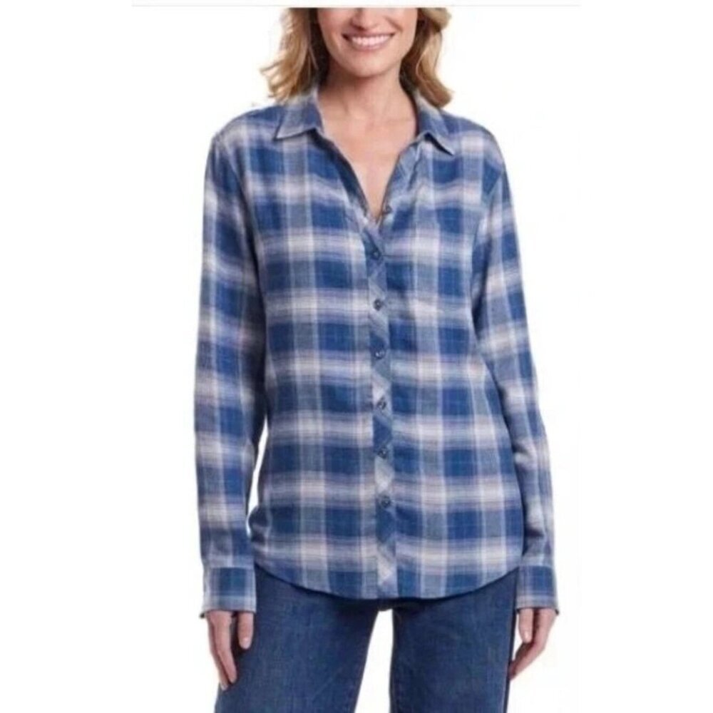NWT Weatherproof Vintage Women's XL Blue Plaid Flannel Button-Up Shirt C0720